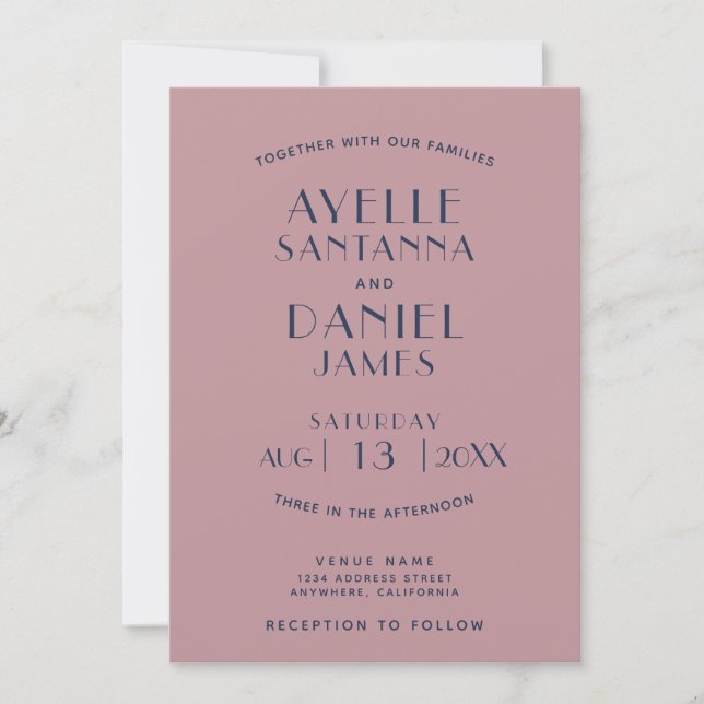Simple Clean Minimal Blush Navy Wedding Invitation (Front)