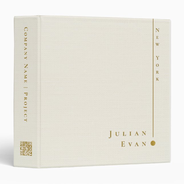 Simple Clean Minimalist Ivory White Gold Qr code 3 Ring Binder (Front/Spine)