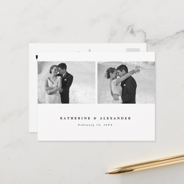 Simple Clean White Frame Wedding Thank You 2 Photo Postcard (Front/Back In Situ)