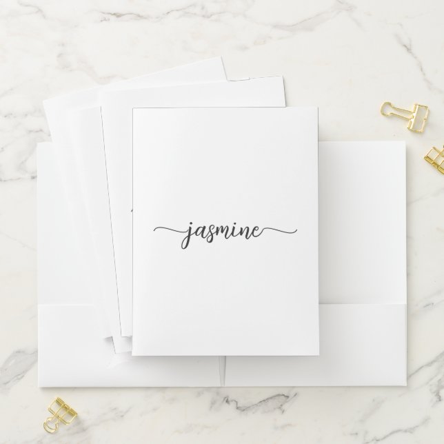 Simple Clean White Girly Monogram Name Script Pocket Folder (In Situ)