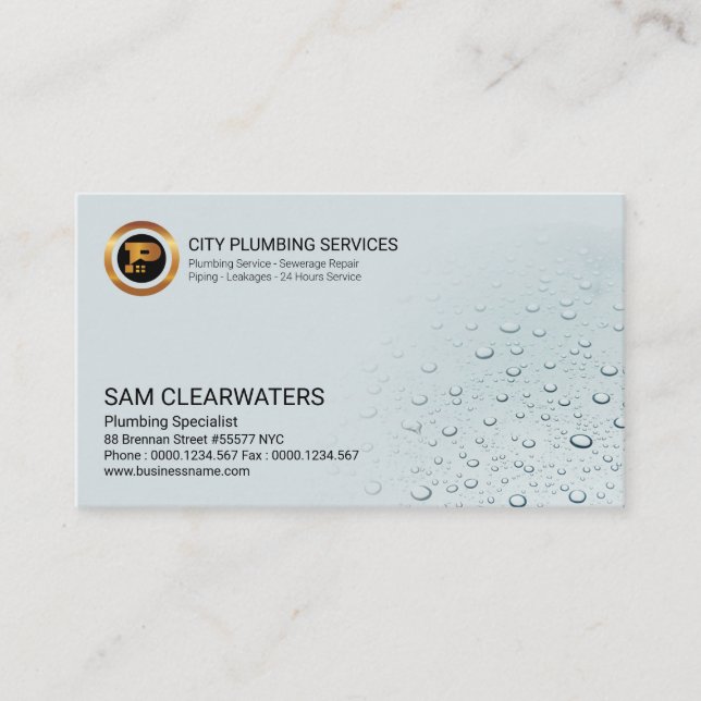Simple Clear Water Drops Plumbing Contractor Business Card (Front)