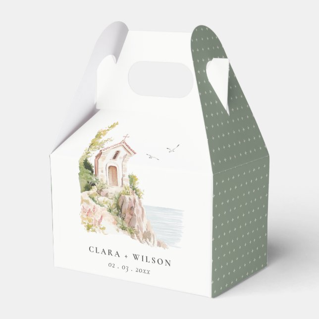 Simple Coastal Catholic Watercolor Church Wedding Favor Boxes (Front Side)