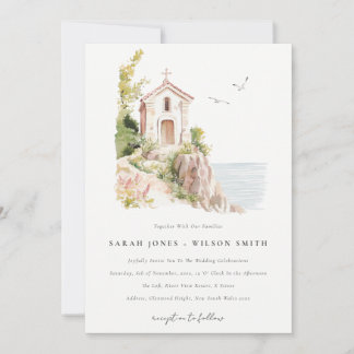 Simple Coastal Catholic Watercolor Church Wedding Invitation