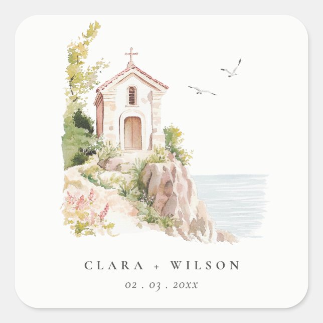 Simple Coastal Catholic Watercolor Church Wedding Square Sticker (Front)