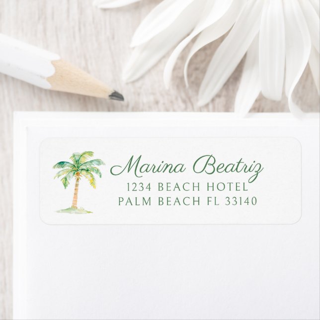 Simple Coastal Green Palm Tree Beach Club Address Label (Insitu)