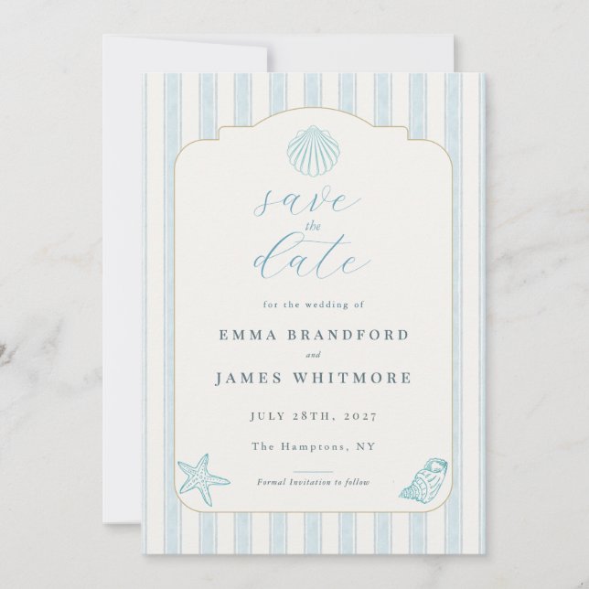 Simple Coastal Seashell Blue Wedding Save the Date Invitation (Front)