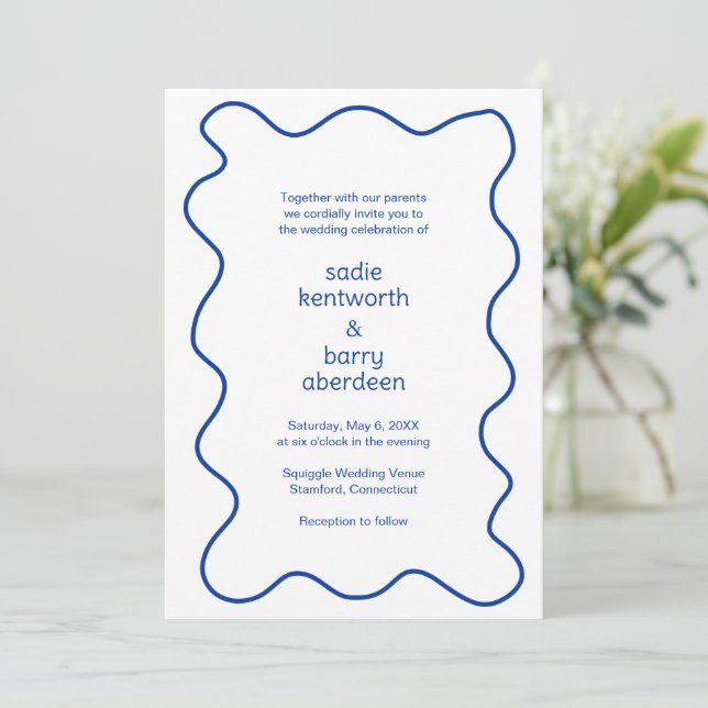 Simple Cobalt Blue Squiggle Frame Modern Wedding Invitation (Standing Front)