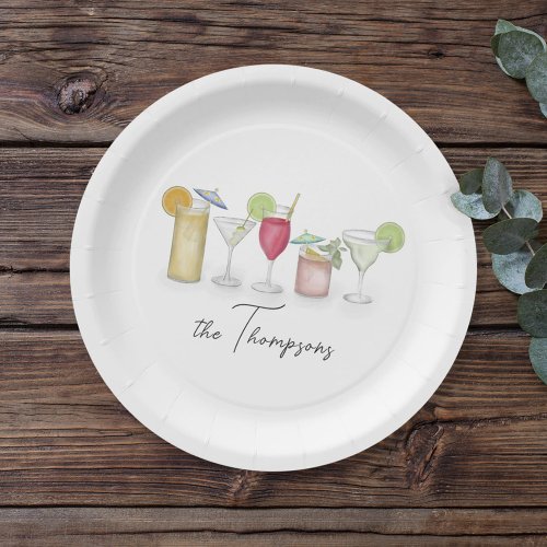 Simple Cocktail Drinks Watercolor Whimsical Custom Paper Plates
