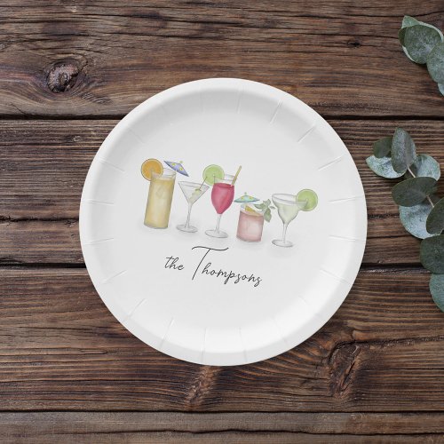 Simple Cocktail Drinks Watercolor Whimsical Custom Paper Plates