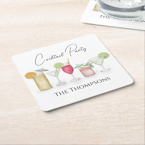 Simple Cocktail Drinks Watercolor Whimsical Party  Square Paper Coaster