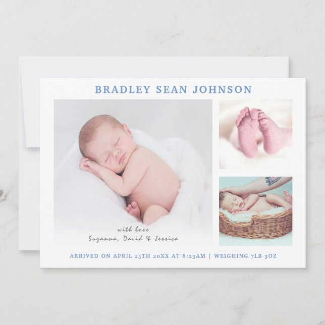 Simple Collage | Baby Boy Blue Photo Birth Announcement (Front)