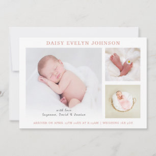 Simple Collage Baby Girl Soft Pink Photo Birth Announcement
