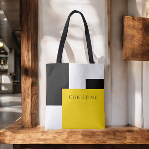 Simple Color Block Yellow White Black with Name Tote Bag