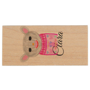 Simple colorful animal watercolor add name custom wood flash drive