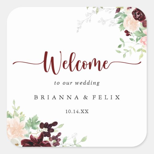 Simple Colorful Classic Floral Wedding Welcome   Square Sticker