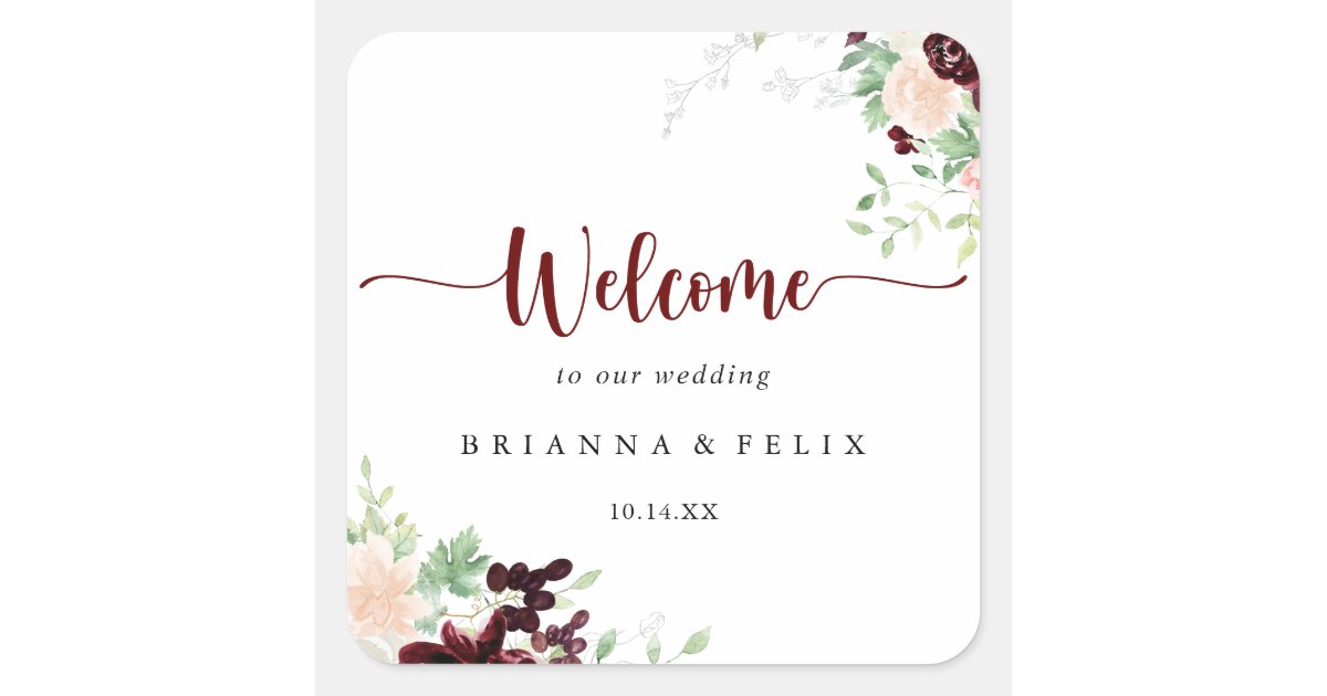 Simple Colorful Classic Floral Wedding Welcome Square Sticker | Zazzle