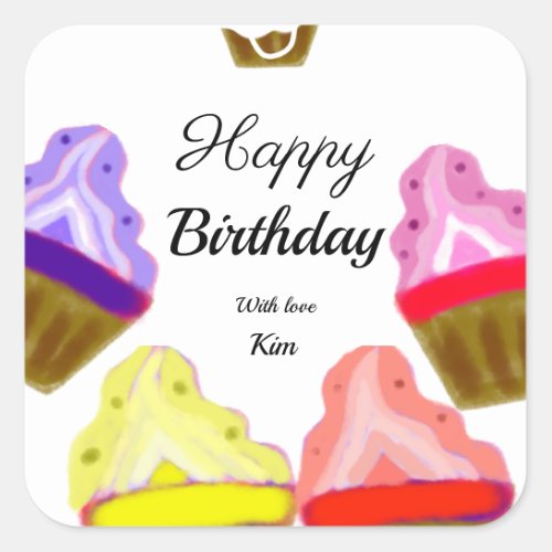 simple colorful cupcakes cake happy birthday  square sticker