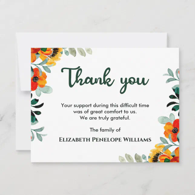 Simple Colorful Floral Watercolor Memorial Funeral Thank You Card | Zazzle