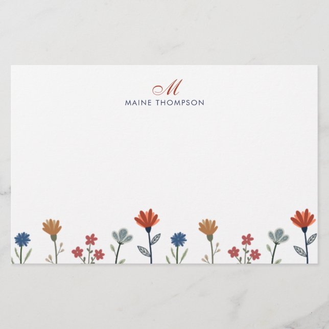 Simple Colorful Flowers Script Monogram Stripes Stationery (Front)