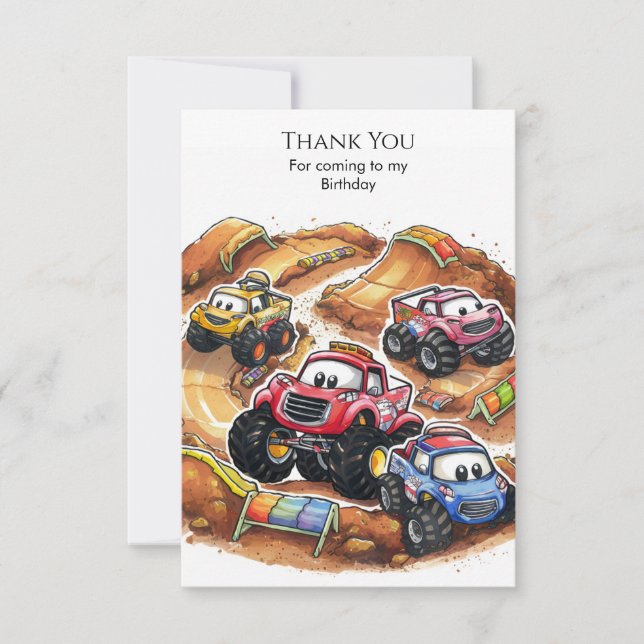 Simple Colorful Monster Truck Birthday Thank You Card (Front)