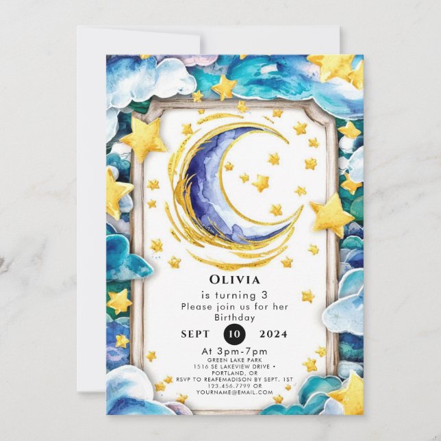 Simple Colorful Moon Birthday Invitation (Front)