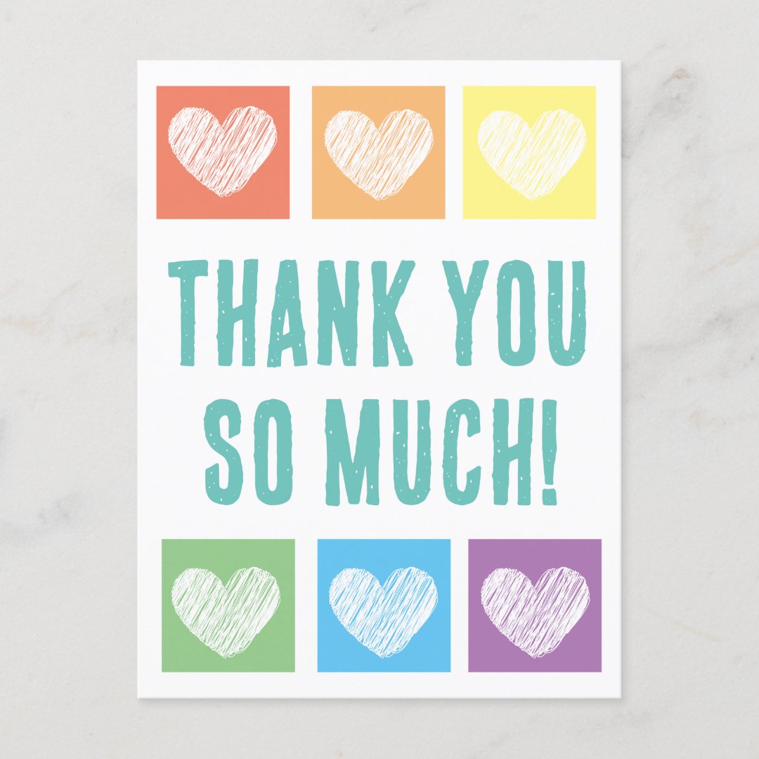 Simple Colorful Rainbow Heart Typography Thank You Postcard