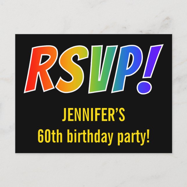 Simple, Colorful Rainbow Letters "RSVP!" + Event Postcard (Front)
