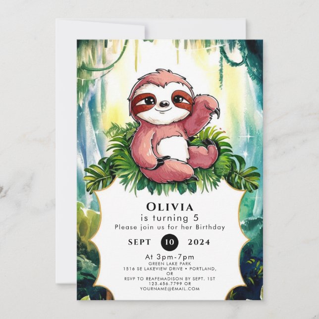 Simple Colorful Sloth Birthday Invitation (Front)