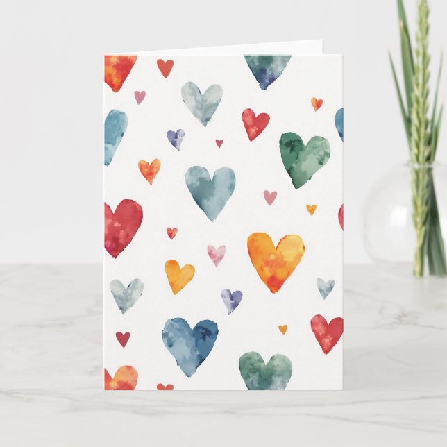 Simple Colorful Watercolor Hearts Card (Front)