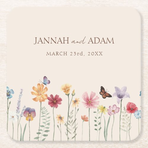 Simple Colorful Wildflower Floral Wedding Square Paper Coaster