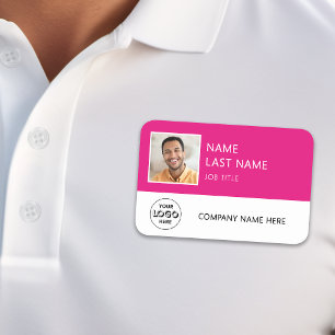 Simple Company Logo Hot pink Employee Photo Name Tag