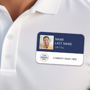 Simple Company Logo Navy Blue Employee Photo Name Tag