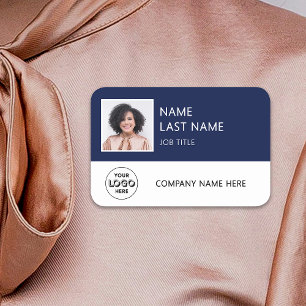 Simple Company Logo Navy Blue Employee Photo Name Tag