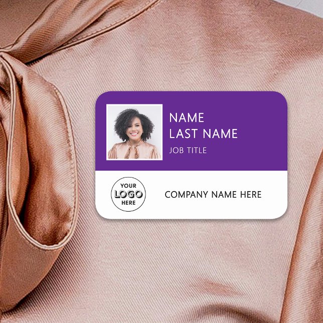 Simple Company Logo Purple Employee Photo Name Tag (Creator Uploaded)