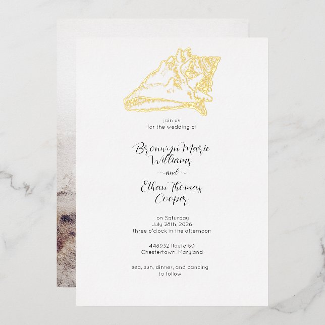 Simple Conch Seashell Sandy Beach Foil Invitation (Front/Back)