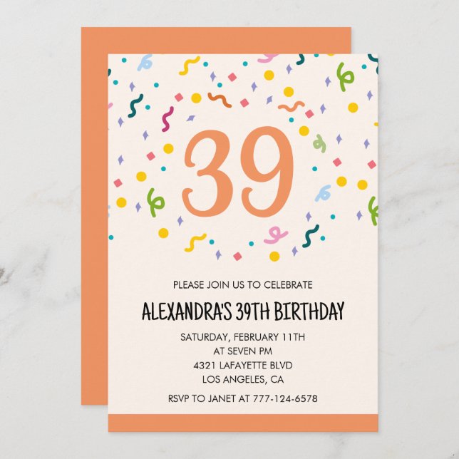 Simple Confetti 39th birthday invitations Modern (Front/Back)
