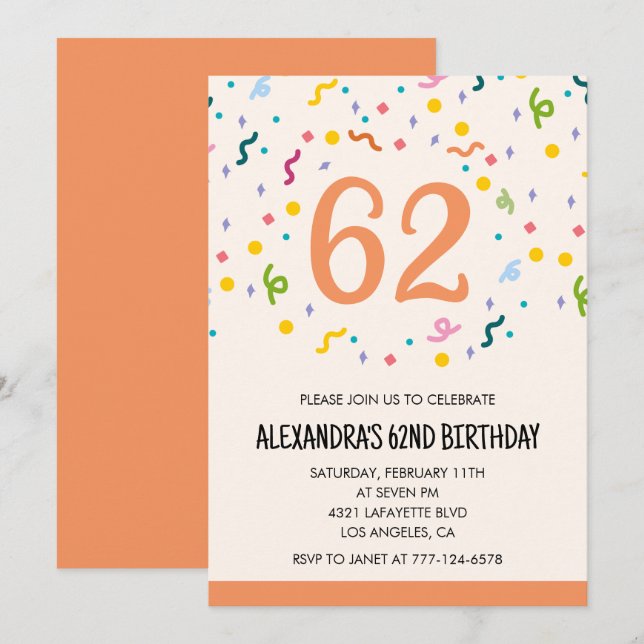 Simple Confetti 62nd birthday invitations Modern (Front/Back)