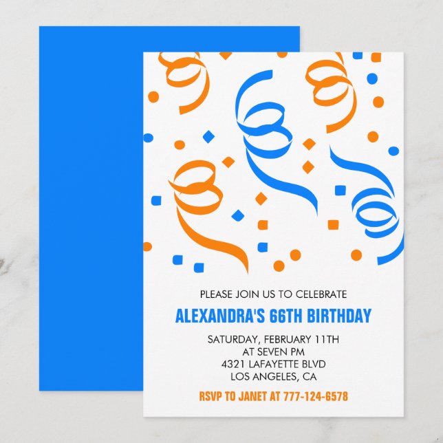 Simple Confetti 66th birthday invitations  Blue (Front/Back)
