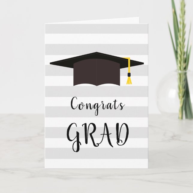 Simple Congrats Grad Graduation Cap Gray Stripes Card (Front)