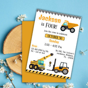 Simple construction dump truck kids 4th birthday invitation