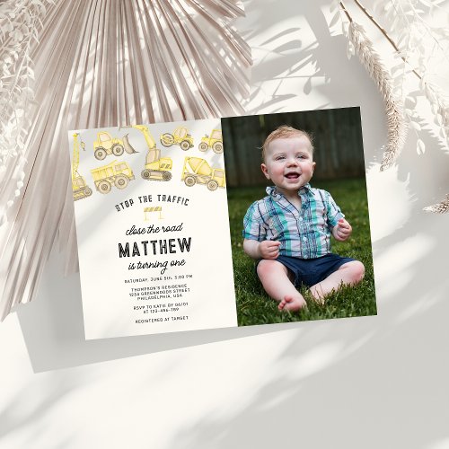 Simple Construction Themed Photo First Birthday Invitation