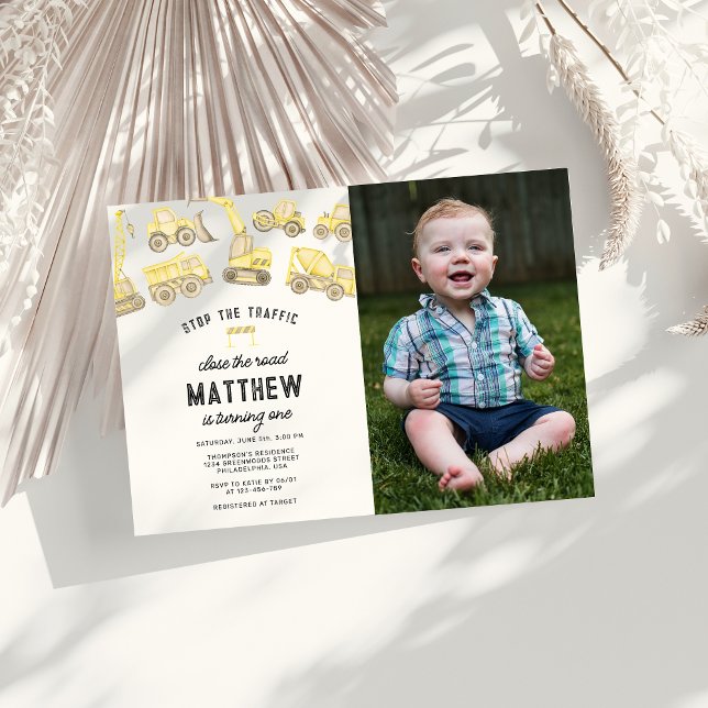 Simple Construction Themed Photo First Birthday Invitation (Creator Uploaded)