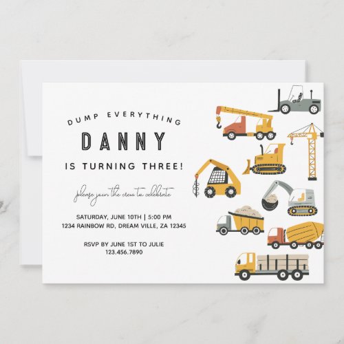 Simple Construction Truck Birthday Invitation