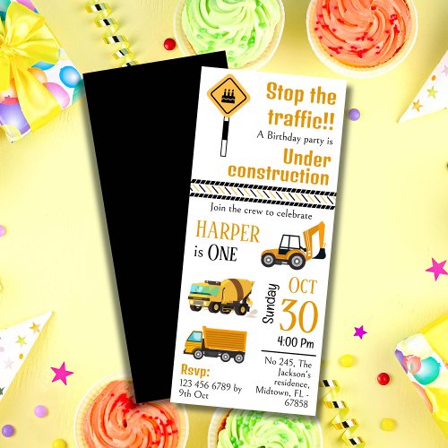 Simple construction truck kids cute 1st birthday  invitation
