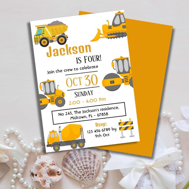Simple construction truck kids cute 4th birthday   invitation (Creator Uploaded)