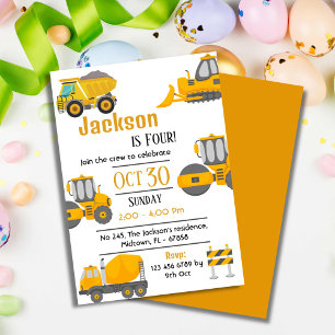 Simple construction truck kids cute 4th birthday   invitation