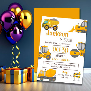 Simple construction truck kids cute 4th birthday   invitation