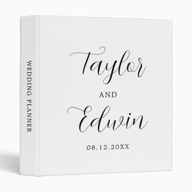 Simple Contemporary Black and White Modern Wedding 3 Ring Binder (Front/Spine)