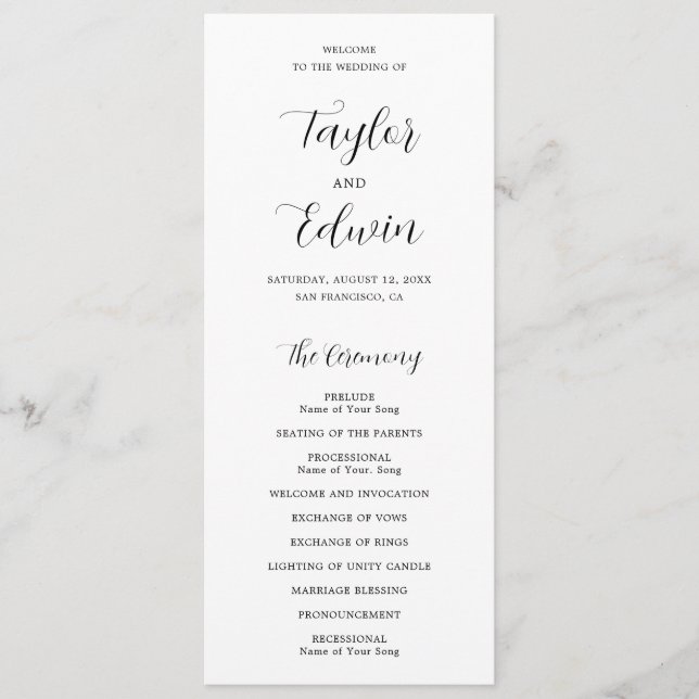 Simple Contemporary Black and White Modern Wedding Program (Front)