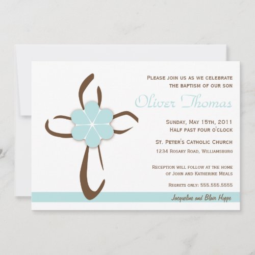 Simple Contemporary Cross with Blue Flower Invitation